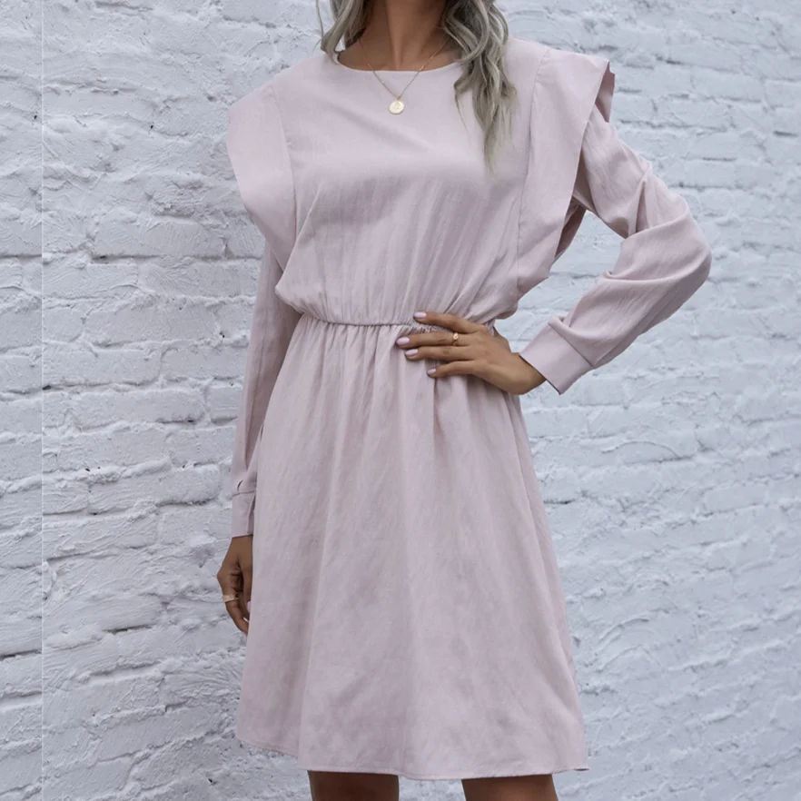

Women Dress 2021 New Spring Dress Elegant Shoulder Pads Fashion Ruffle Solid A Line Dresses Casual Long Sleeve Ladies Clothes