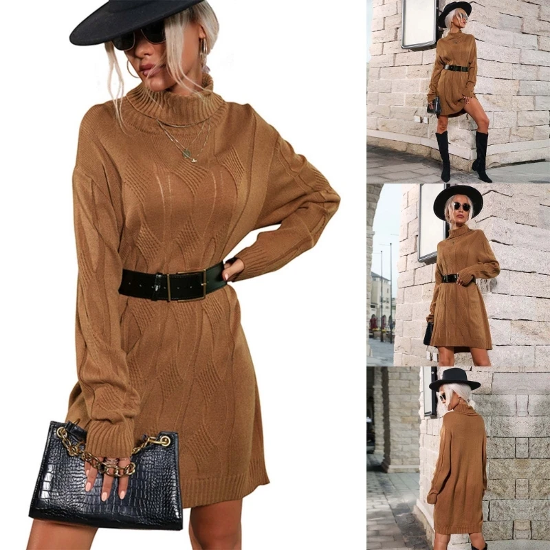 

Versatile Women's Turtleneck Oversized Pullover Fall Winter Knit Long Sleeve Sweaters Dresses Dropship