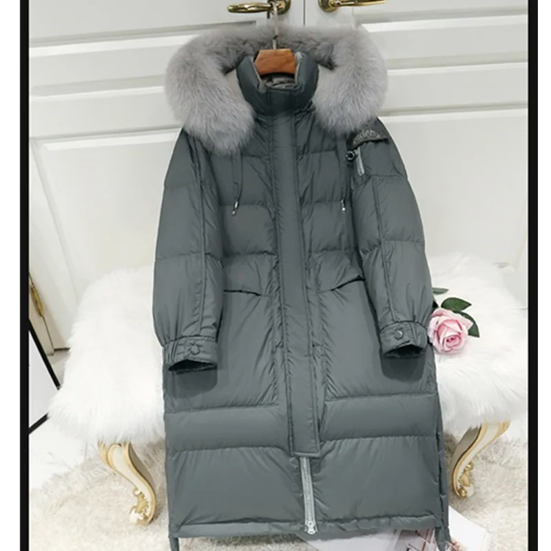 Женский пуховик с капюшоном длинная теплая парка на белом утином пуху воротником