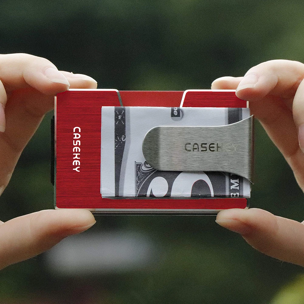 CASEKEY Rfid Anti Metal Card Holder Men Wallet Money Bag Red Slim Male Mini Smart Magic Minimalist Pocsafe Wallet Aluminum