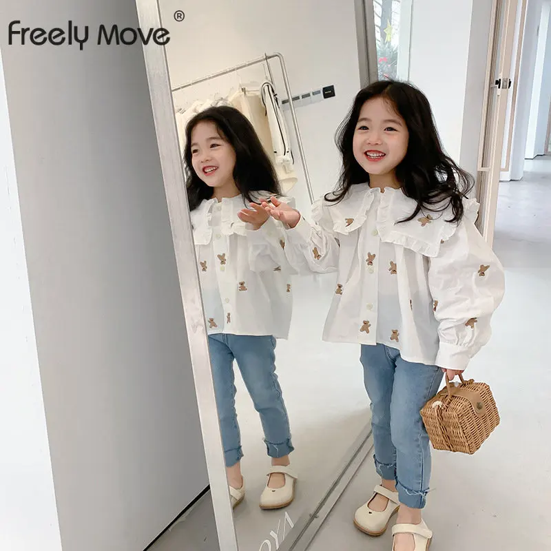 Freely Move Children Girl Baby Shirt Cartoon Blouse Long Sleeve Thin Clothes Girls New Arrival Ruffle Big Lapel Cotton Shirts