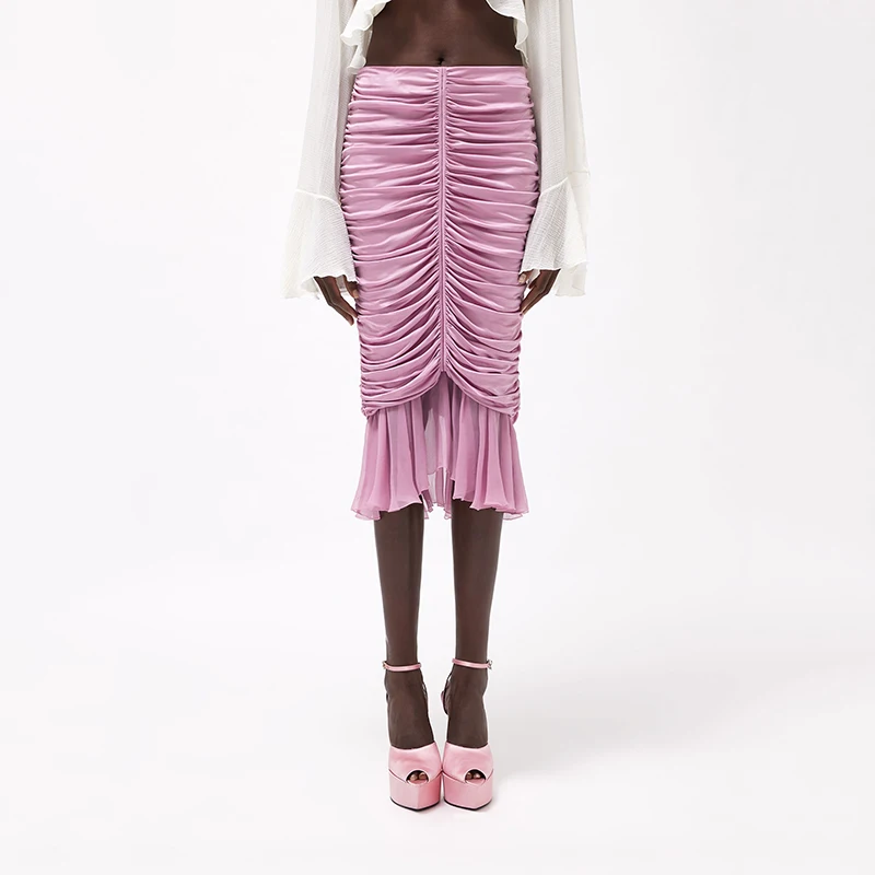 

Mid-length pleated slim package hip half skirts sexy and elegant y2k mesh splicing pink Women's skirt 2023 fall new