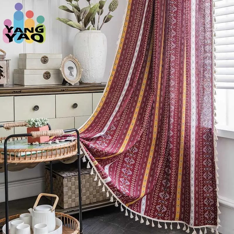 

Red Printed Bohemian Wave Pattern Cotton Window Curtain Living Room Bedroom Semi-shading Drape Kitchen Blackout Valance Curtains