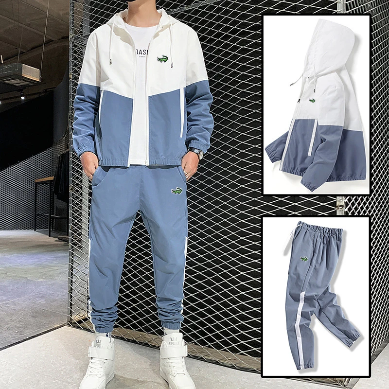 Fashion Casual Hip Hop Street Set Splice Men's Set Embroidery Spring and Autumn New Breathable Sports Hoodie Two Piece Pants