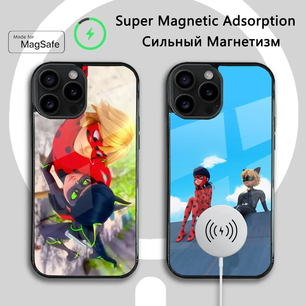 M-Miraculous Cat Noir L-Ladybug Phone Case For iPhone 16 15 14 13 12 11 Plus Pro Max Mini Magsafe Magnetic Wireless Charging