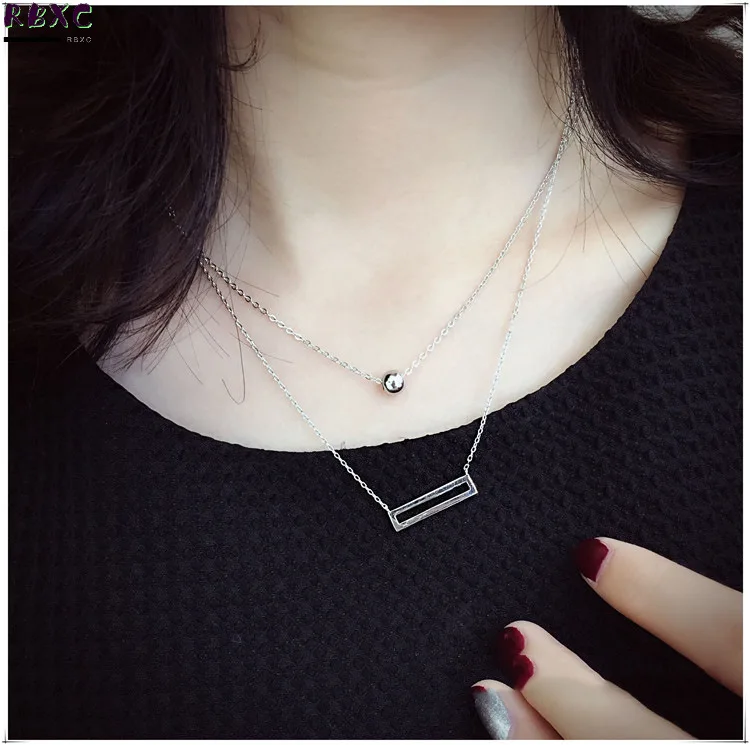 

RXBC S925 Sterling Silver Necklace personalized hollow rectangular Sterling Silver Necklace Korean fashion silver jewelry