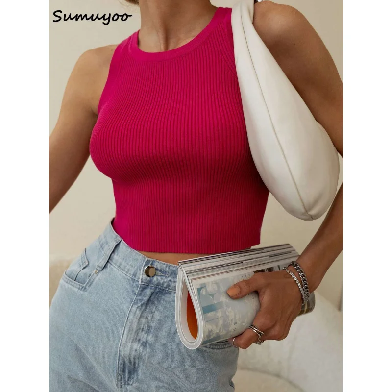 

Sumuyoo 2023 Summer Knitted Tank Tops Women Casual Crop Tops Sexy Girls Suspender Vest O-neck OL Slim Ribber Sleeveless T Shirts