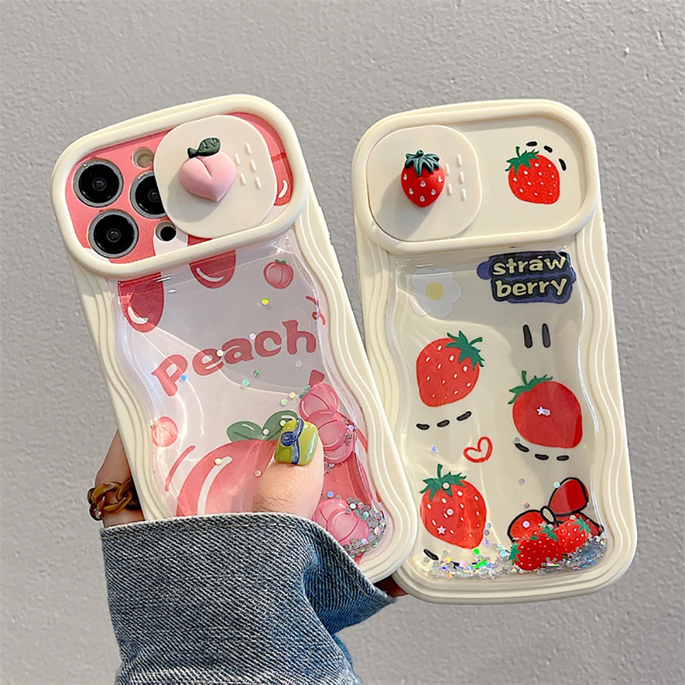 

3D Cute Peach Funny Strawberry Cartoon Liquid Quicksand Bling Glitter Phone Case For iPhone 14 13 12 11 Pro Max Soft Back Cover