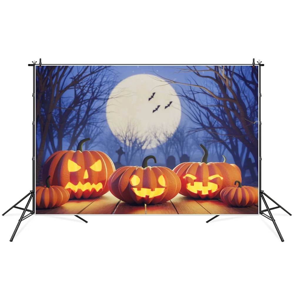 

Pumpkin Lantern Moon Night Halloween Photography Backgrounds Custom Cemetery Forest Baby Party Decoration Photo Backdrops Props