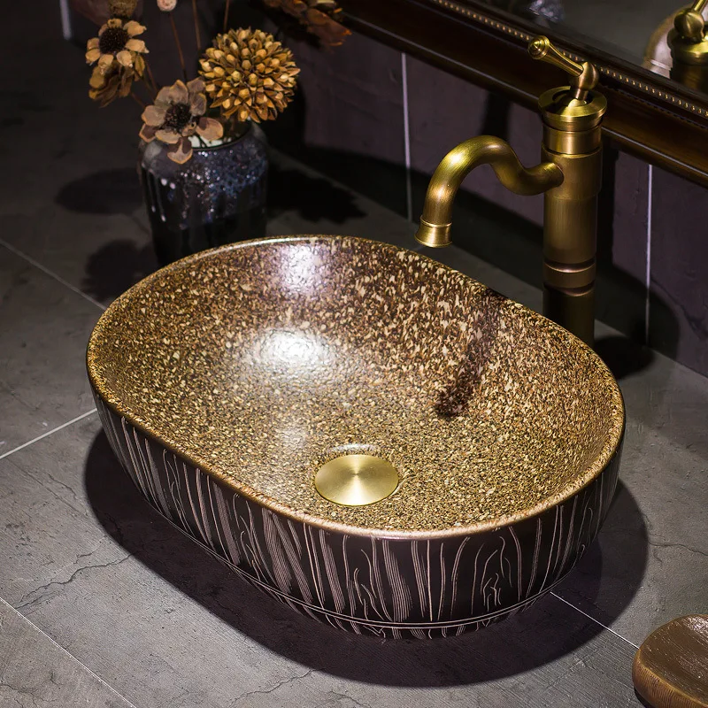 

Luxurious Golden Glazed Art porcelain Counter top Bathroom Sink Lavabo Washbasin hand painted vessel sinks golden wash basin
