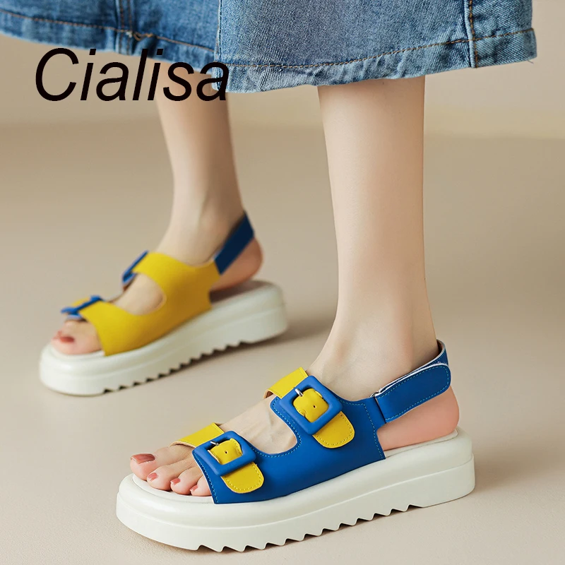 

Cialisa 2023 Summer Genuine Leather Sandal Fashion Women's Shoes Open-Toed Sandals Buckle Strap Lady Handmade Mixed Colors Flats