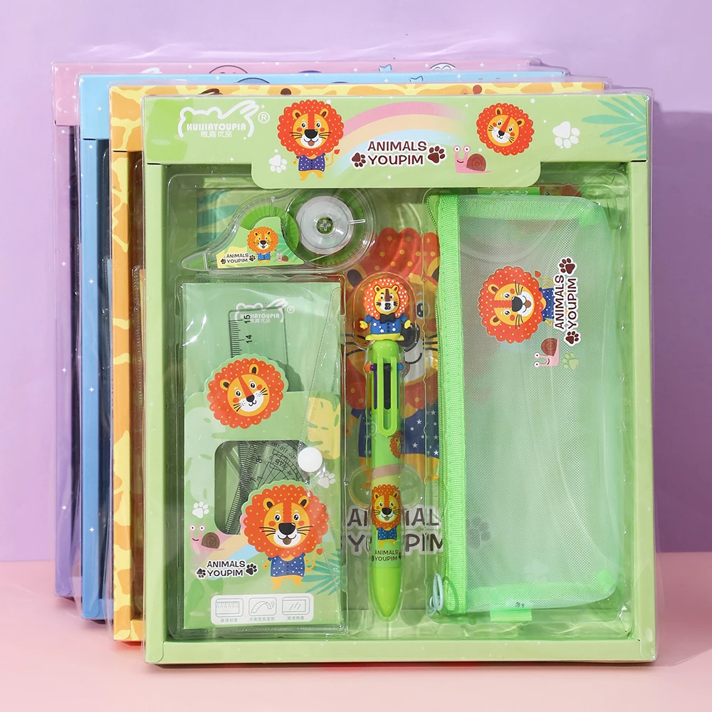 

B-SHAMO PVC Stationery Kit 7-in-1 Includes Mesh Pouch 6-color Ballpoint Pen Ruler Set Correction Tape School Stationery Supply