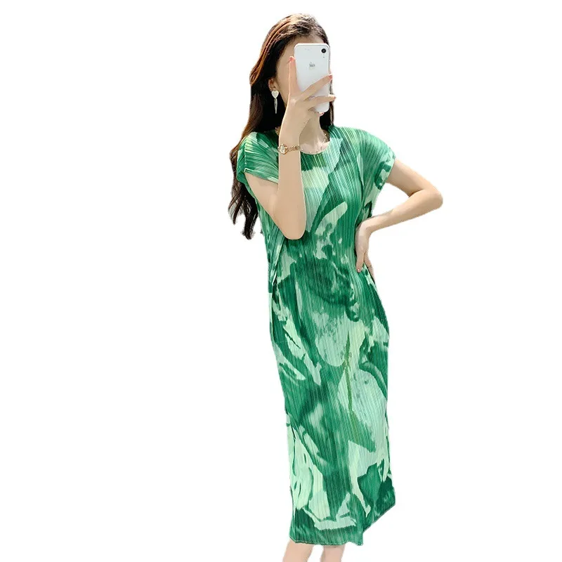 

Новинка лета 2023, стильное Плиссированное зеленое платье с круглым вырезом и принтом для женщин, модный дизайн, облегающее и удобное