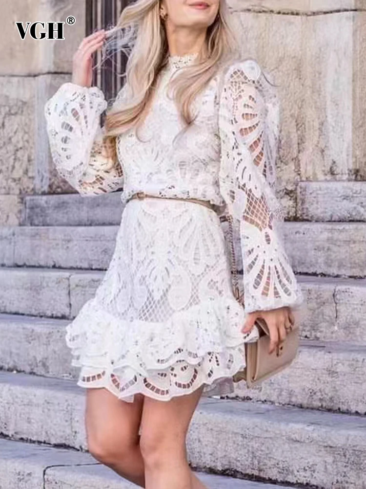 

Женское кружевное мини-платье VGH, повседневное свободное платье с коротким высоким воротником и длинным рукавом, платье с высокой талией и в...