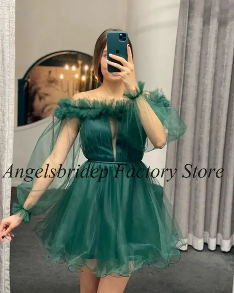 

Angelsbridep Vestidos De Festa Strapless Short Homecoming Dress Saudi Arabia Puff Sleeves Ruffles Graduation Formal Party Gowns