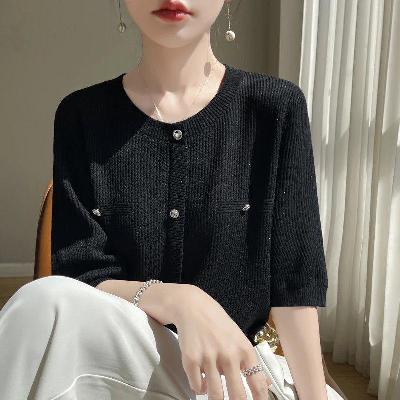 Высококачественный Женский свитер из шерсти с коротким рукавом и круглым