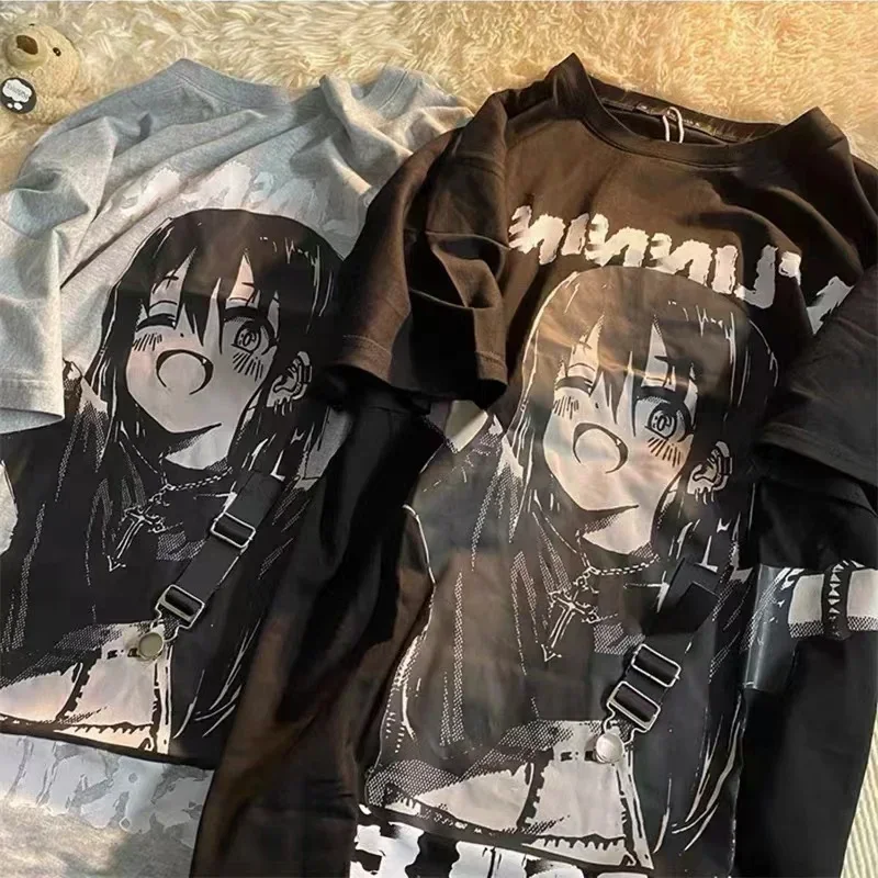 Забавная футболка Y2k с принтом и мультяшными ремешками для девочек большого