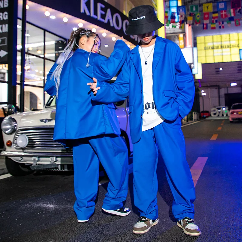 

Kids Kpop Hip Hop Clothing Oversized Blue Blazer Jacket Streetwear Baggy Pants for Girl Boy Jazz Dance Costume Clothes Suit Set