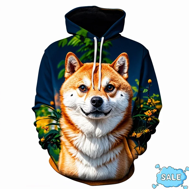 Толстовка мужская с капюшоном свитшот 3D-принтом Сиба-ину Забавный пуловер осень