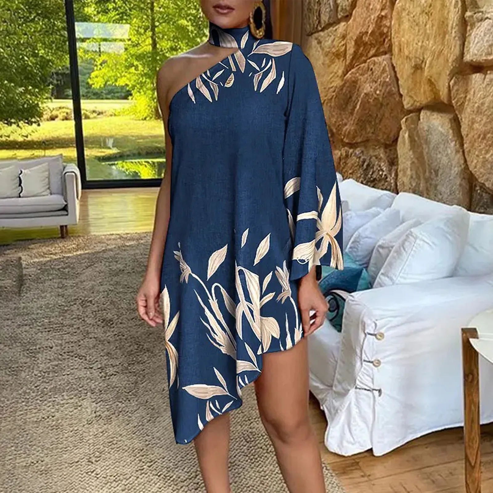 

Summer Dress For Women One Shoulder Half Bat Sleeve Print Casual Ever Pretty Womens Ruched Bust Elegant Flower Evening Dress