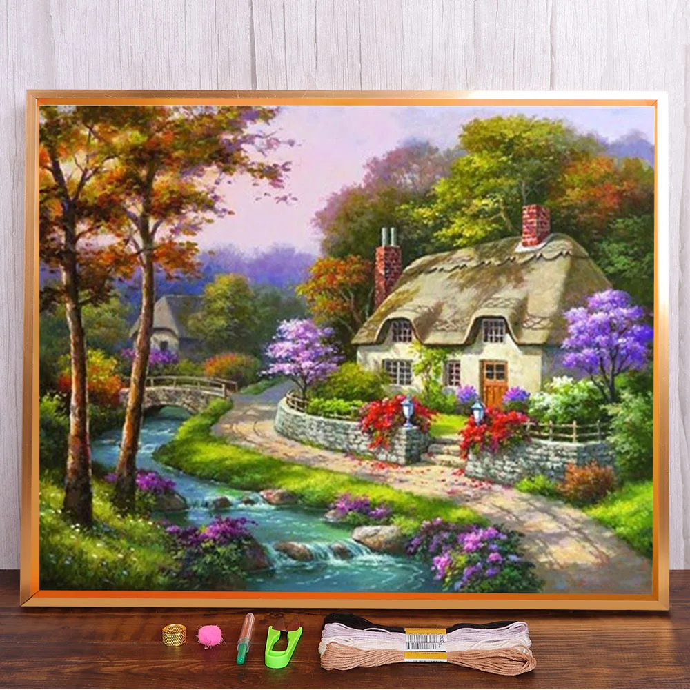 

Scenery Country House Landscape Printed Water-Soluble Canvas 11CT Cross Stitch Kit Embroidery DMC Threads work Stamped