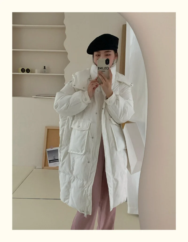 Down Jacket Women's Winter New Medium-length Section Candy Colour Large Pockets Thickened White Duck Down Hooded Jacket