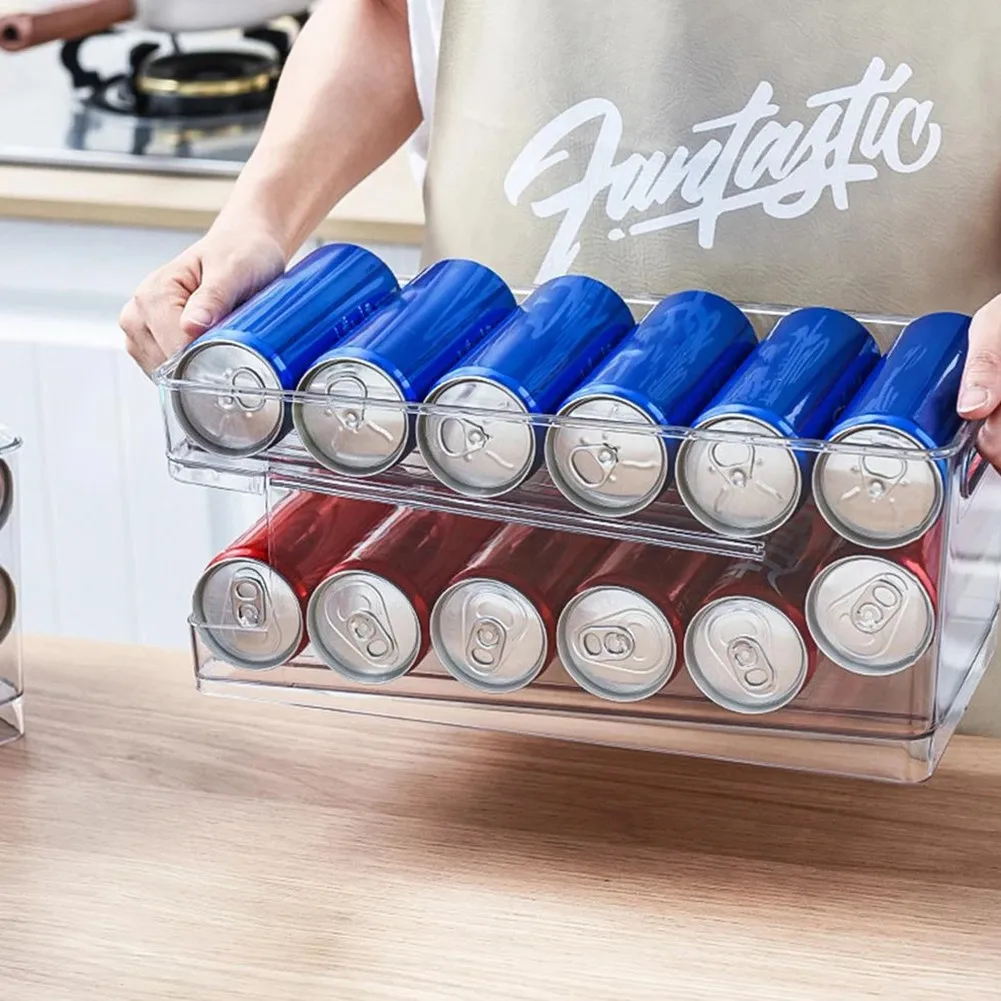 

2-Tier Rolling Refrigerator Organizer Box Soda Beverage Bottle Self-Falling Rack For Kitchen Plastic Storage Holder Container