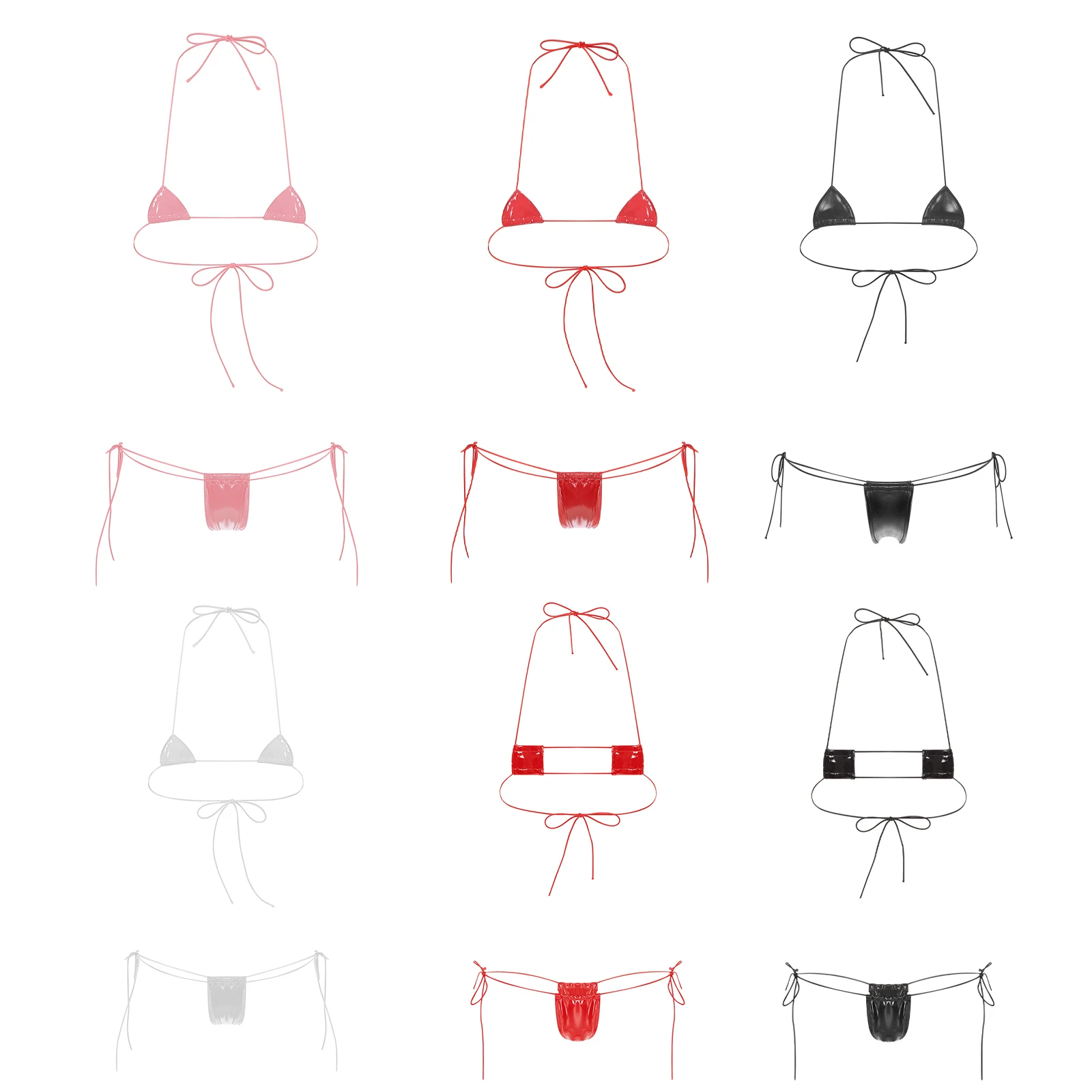 Фото Womens Micro Bikini Halter Neck Triangle Bra with Mini Tie Side Panty 2 Piece Swimsuit Extreme Swimwear Lingerie Set Clubwear №2