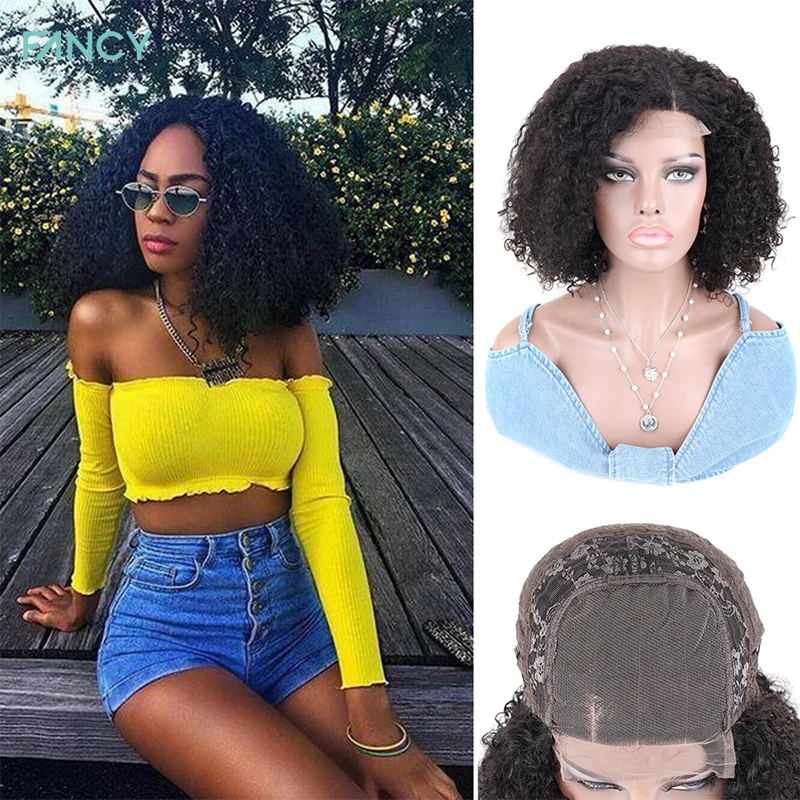Fancy 4x4 Lace Closure Wig Human Hair Afro Kinky Curly Natural Color Side Part Lace Closure Human Brazilian Hair Wig for Women