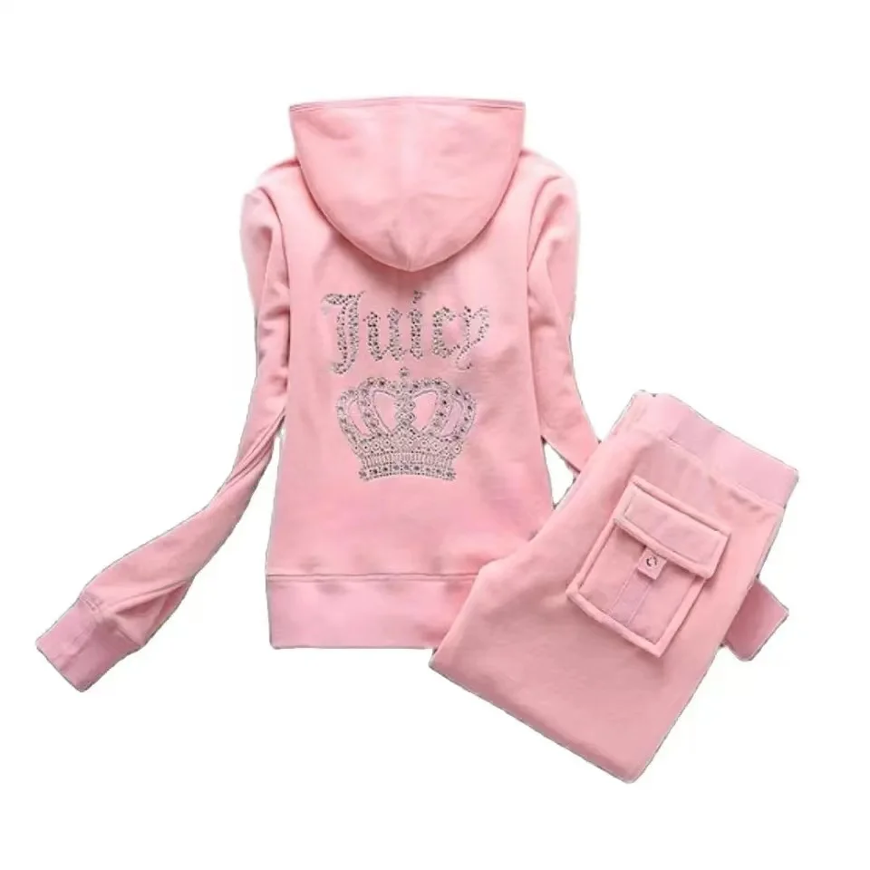 

2023 Juicy Coutoure Velvet Suit Fall Winter Women's Warm 2PC Sportswear Rhinestone Crown Homewear Casual Ladies Hooded Sweatshir