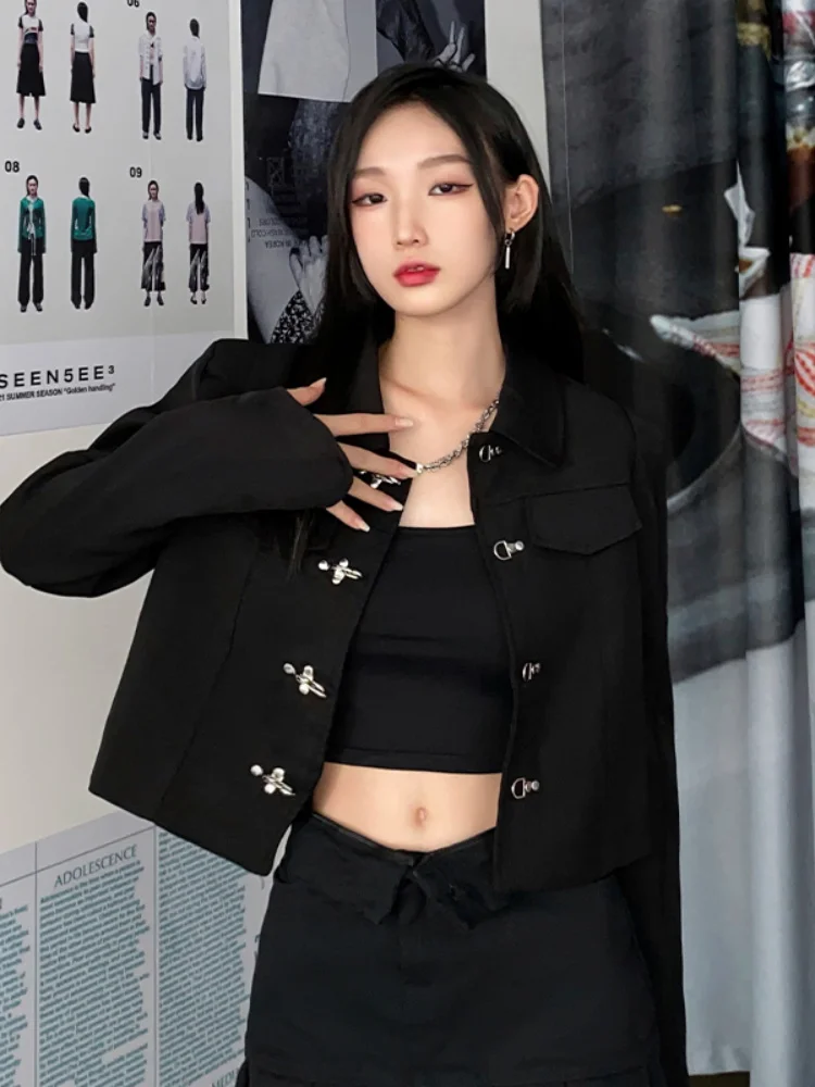 

Укороченная куртка в стиле Харадзюку, черная Повседневная куртка с отложным воротником и металлическими пуговицами, Женский винтажный топ в стиле панк на осень, 2023, Y2k