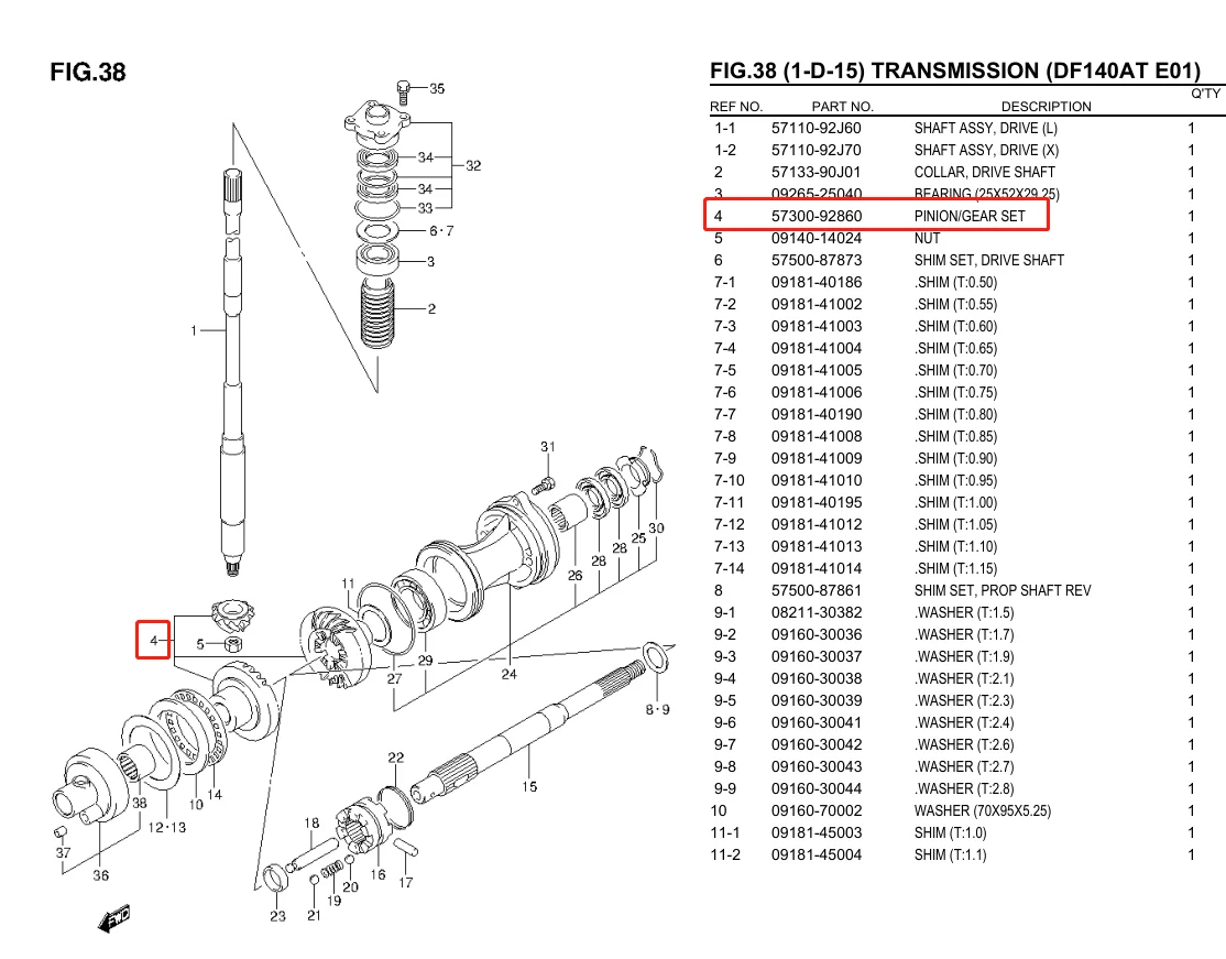 Комплект редукторов Pinon 57300-92862 для подвесного мотора Suzuki 4T DF100 DF115 DF140 2014 и выше