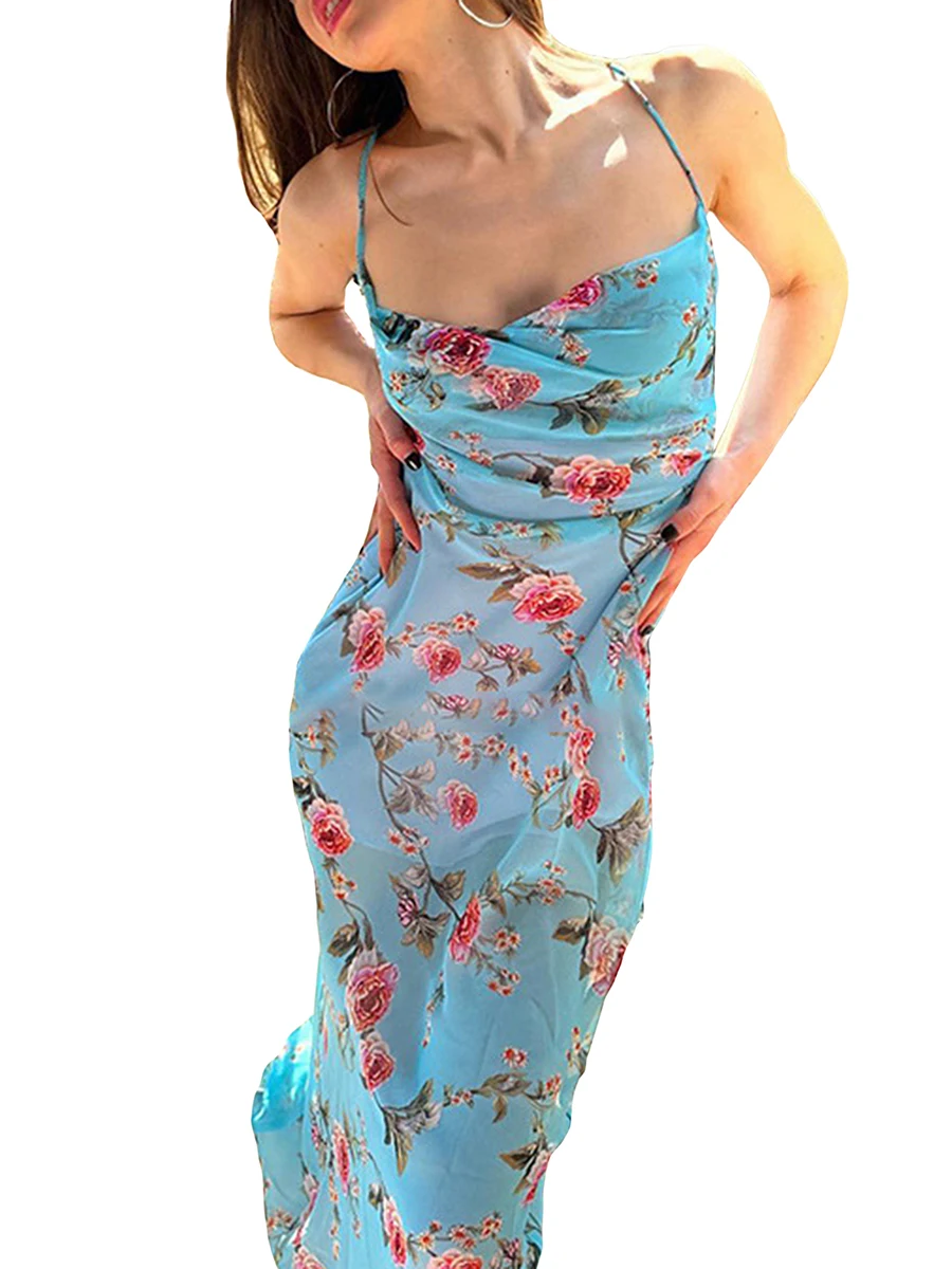 

Women Slip Dress, Sleeveless Backless Flower Print Cocktail Dress Summer Long Dress