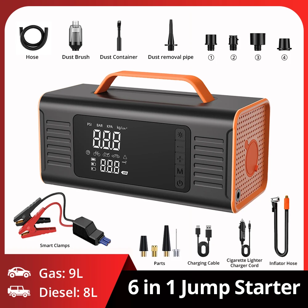 Фото Автомобильный пусковой механизм Jump Starter Battery Power Bank 6 в 1 Портативный Аварийный пусковой механизм Booster 12 В Автоматическое пусковое устройство для запуска бензинового автомобиля №1