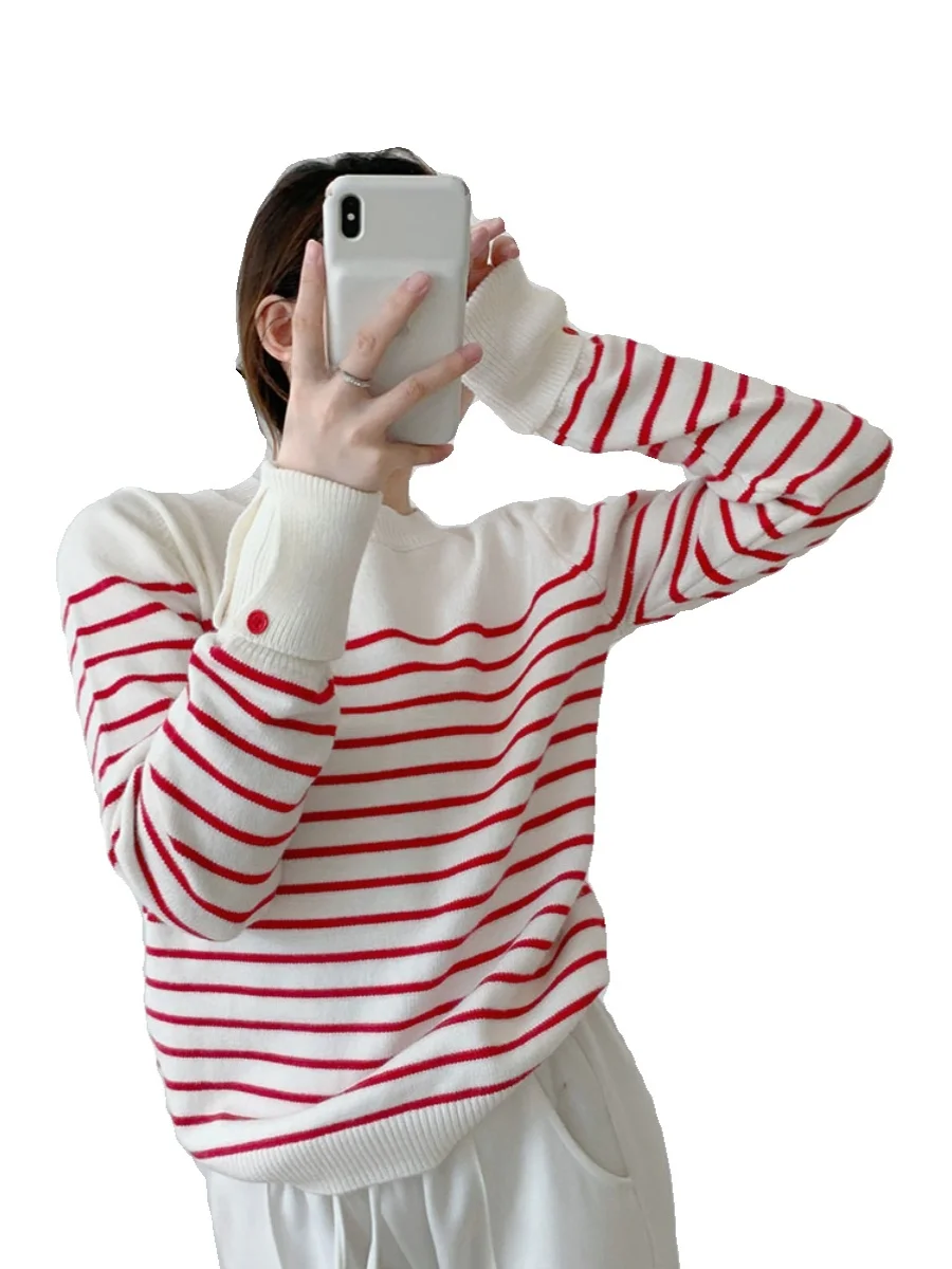 Пуловер в полоску контрастного цвета женский осенне-зимний свитер с круглым