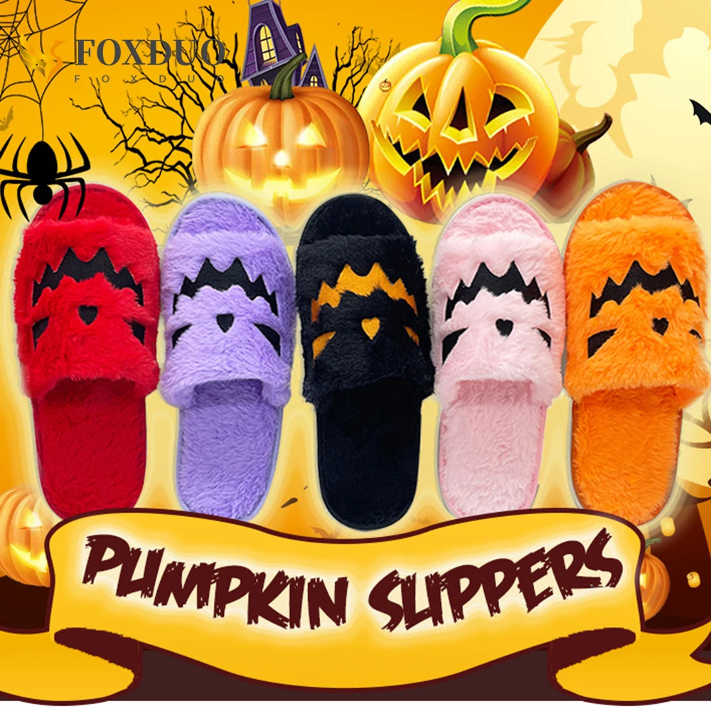 Halloween Slippers Spooky Slides Jack O Lantern Pumpkin Slippers Women Men Flat Soft Plush Cozy Indoor Fuzzy Women House Shoes