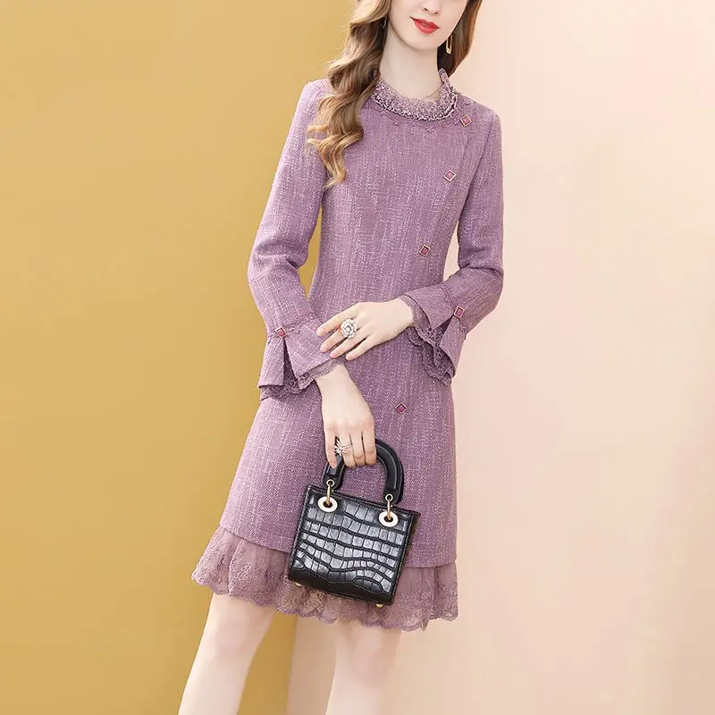 2023 Chic O-Neck Lace Womens Dress Butterfly Sleeve Spring Autumn Slim Female Dresses Three Quarter Dresses for Women K39