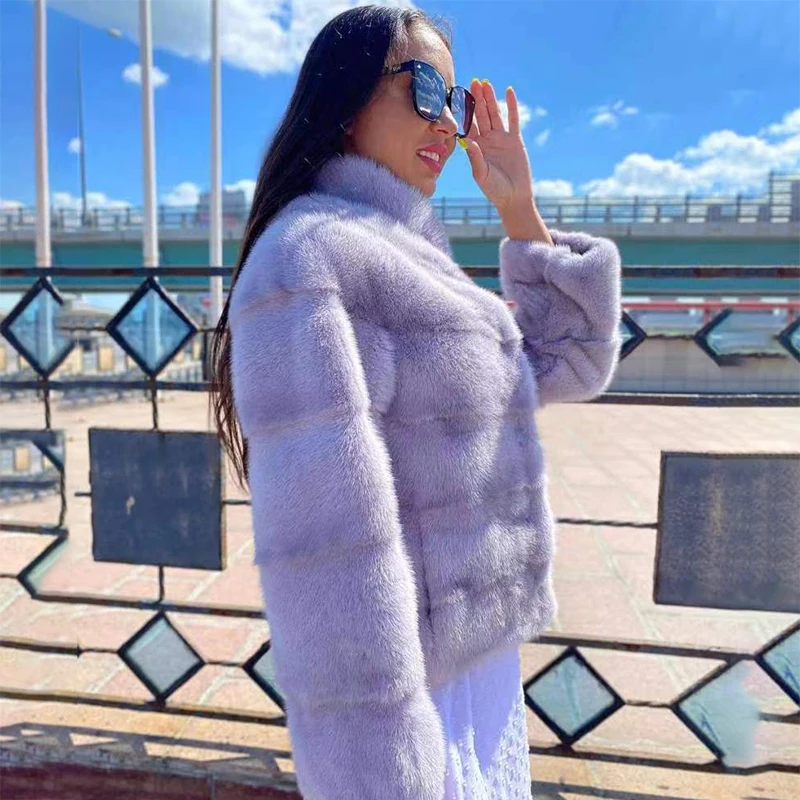 Purple Mink Fur Coats Women Winter New Luxury Temperament Outertwear Lady Stand Collar Cozy Genuine Mink Fur Jackets Female