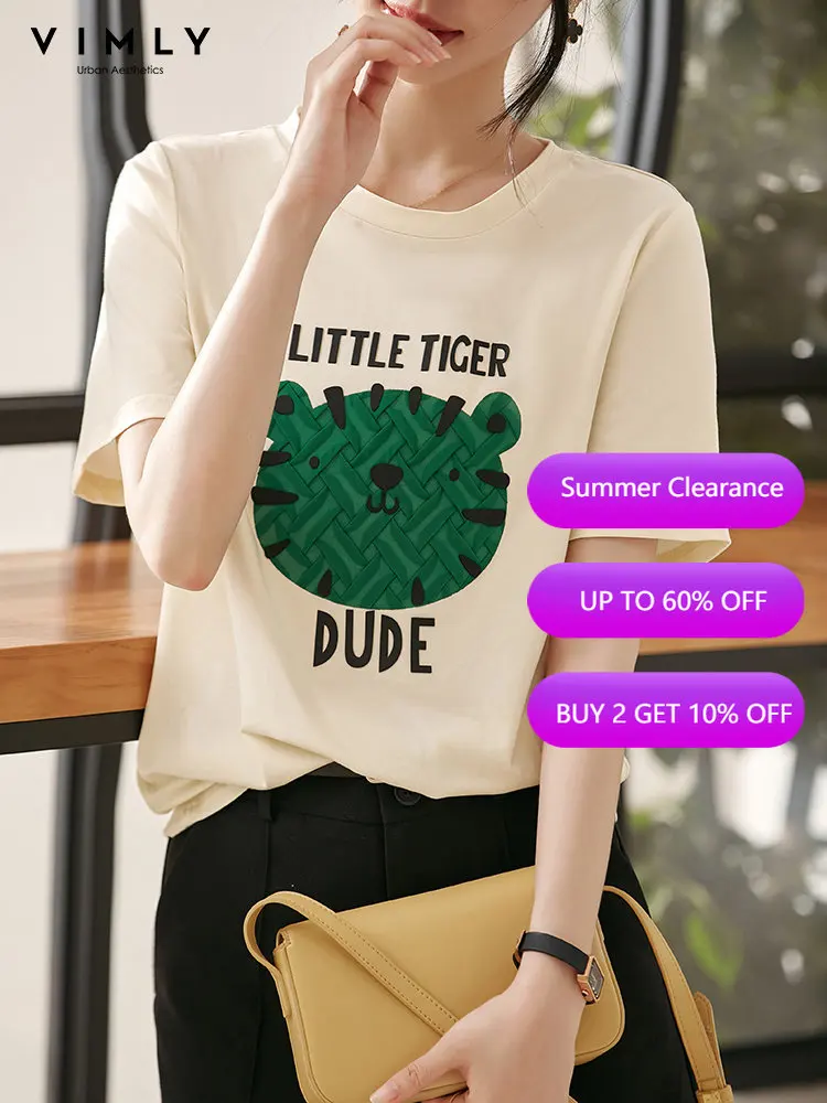 

Прямая футболка VIMLY для женщин, летние корейские хлопковые простые литературные топы с круглым вырезом и коротким рукавом с надписью V2876