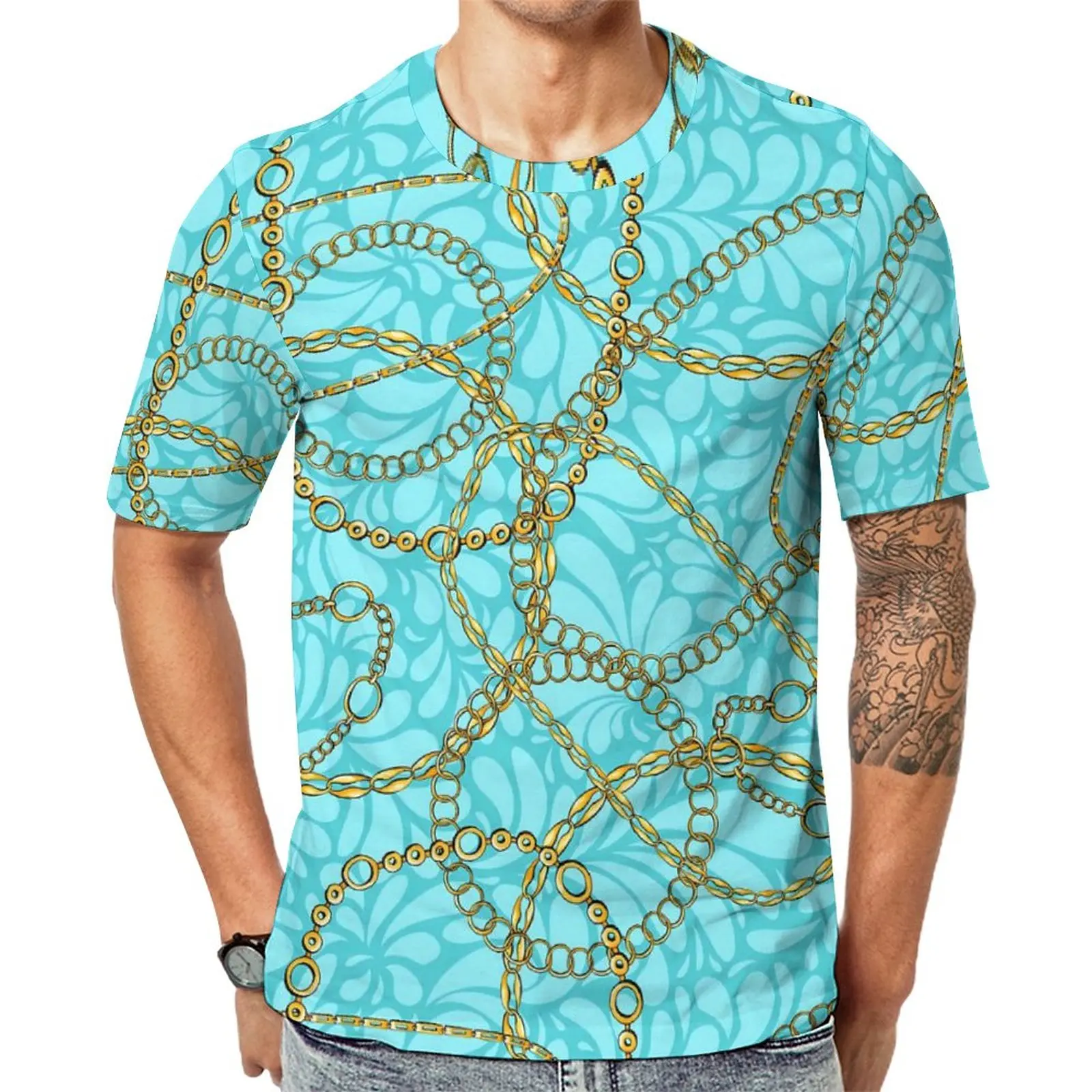 

Vintage Chain T-Shirt Men Damask Print Classic T-Shirts Beach Trendy Tees Short-Sleeve Custom Oversize Tops