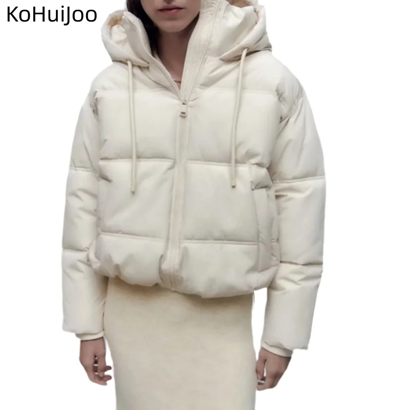 KoHuiJoo  Fashion Loose Casual Cotton Padded Jacket Women Outerwear New 2022 Hooded Drawstring Down Cotton Parkas Coat White