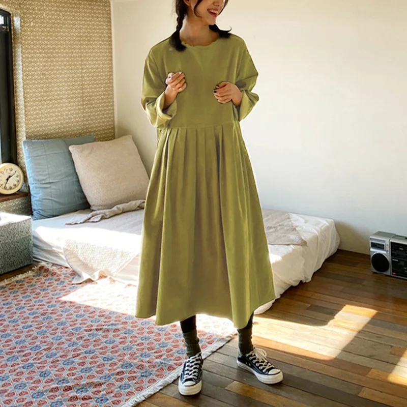 

Женское вельветовое платье Johnature, повседневное свободное плиссированное платье с круглым вырезом и длинными рукавами, Осень-зима 2023