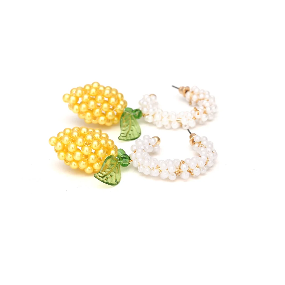 LuxHoney Fashion ZA Style Cute Hand-Knitting C-Shape Mini Pearl Beaded Hoop Earring for Women with Yellow Lemon Shape Bead Charm