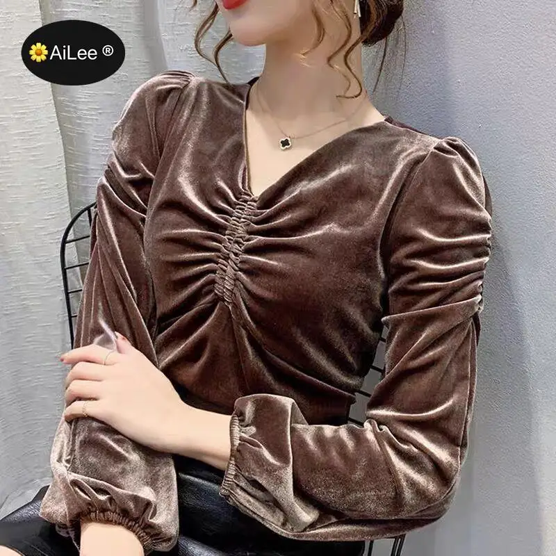 Женская плиссированная блузка на флисе с длинным рукавом и рюшами