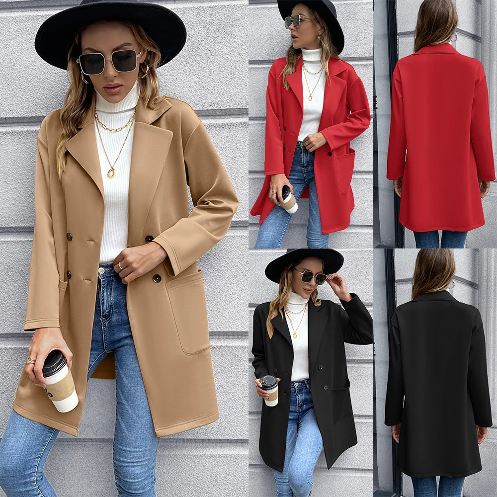 Autumn/winter Double-breasted Knitted Blazer Women Solid Color Slim Mid-length Cardigan Coats for Women