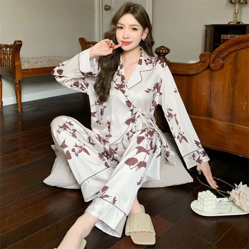 2023 Spring and Autumn New Ice Silk Pajamas Women's Long-Sleeved Trousers Lace-up Leaves Picturesque Printing Cardigan Homewear