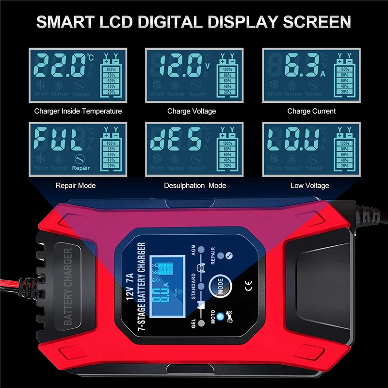 

Car Motorcycle Pulse Repair Charger Lead Acid Battery Charger 7A 12V Smart Fast Battery Charger Automatic Charger