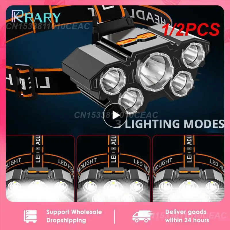

1/2PCS High Power 5LED Headlamp Usb Rechargeable Head Flashlight 18650 Built-in battery Super Bright Headlight For Camping