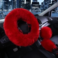 3 pcs set universal car fur wool furry fluffy thick car steering wheel cover gear knob shifter brake red wine color winter