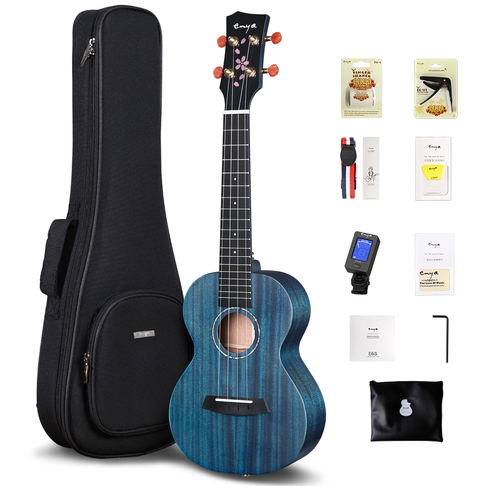 Enya Ukulele Concert Tenor 23 26 All Solid Mahogany Ukelele Accessories with Cherry Blossom Inlay including Cotton Bag and Tuner